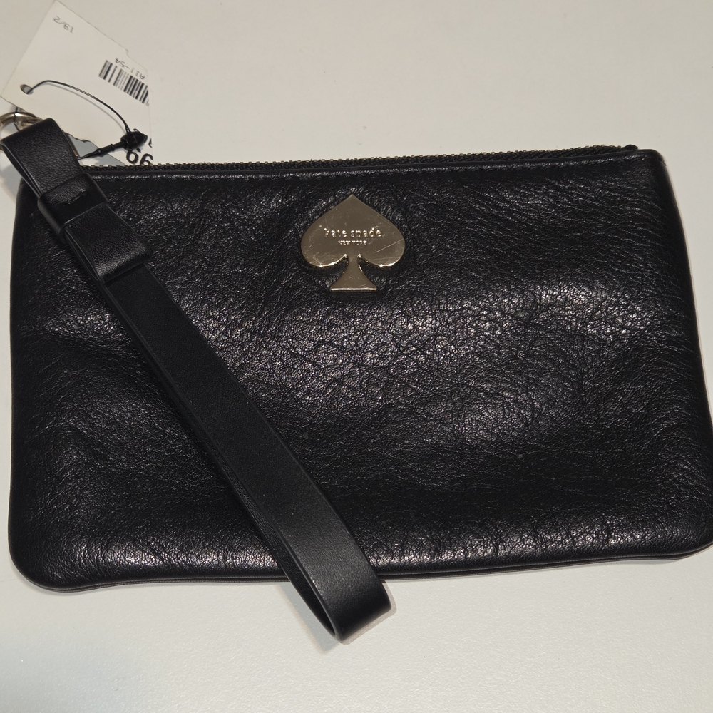 Kate Spade black leather wristlet with gold spade emblem